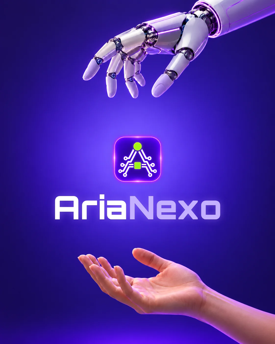 Una mano robótica sobre una mano humana, con el logo de AriaNexo entre ambas